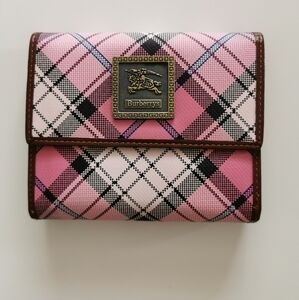 Burberrys Pink Plaid Wallet With Brown Interior And Coin Pocket